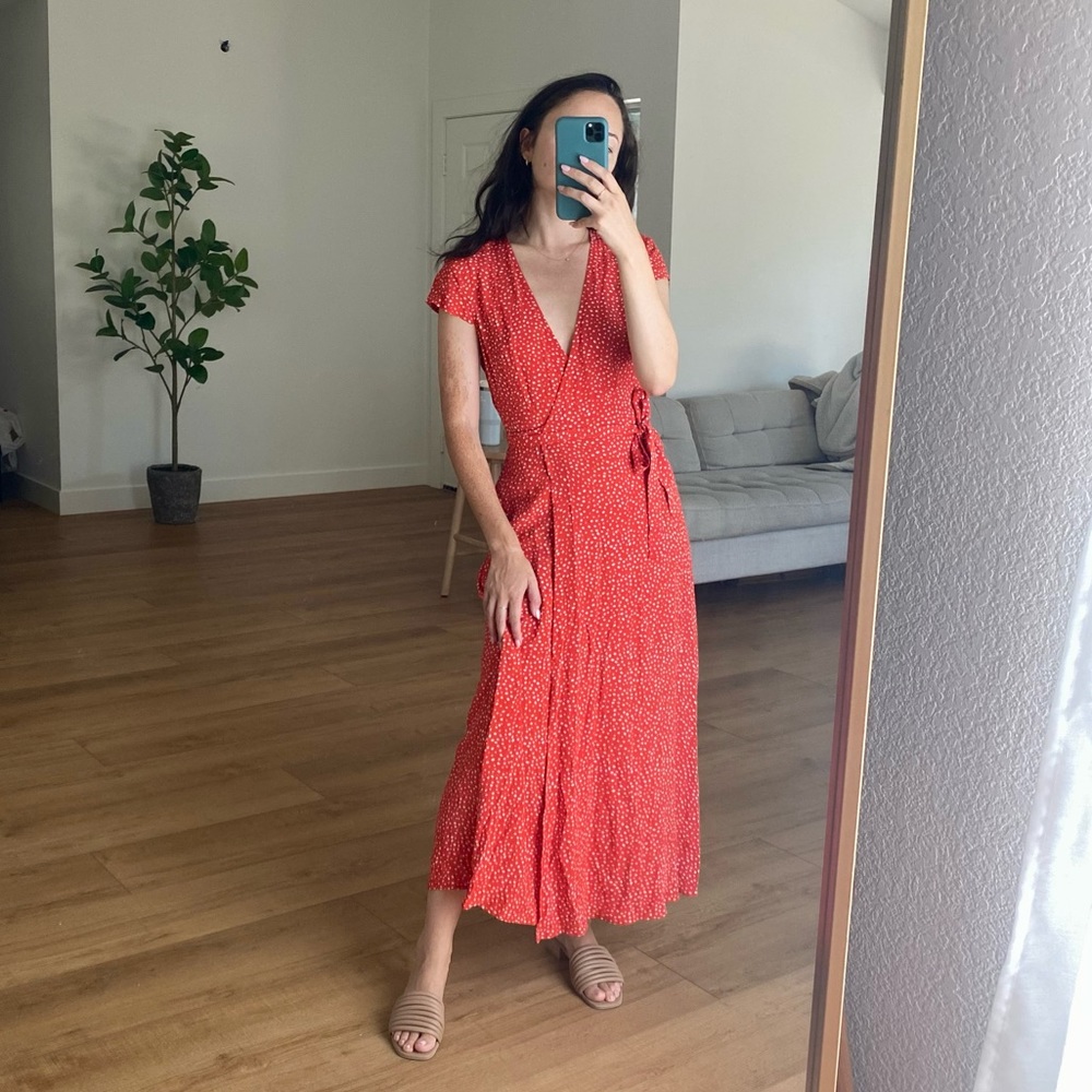 Red Polka Dot Midi Wrap Dress